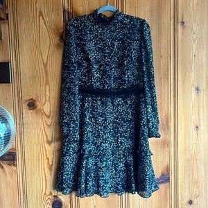 BLACK FLORAL EVENING DRESS with peak-a-boo belt line and 70s vibe